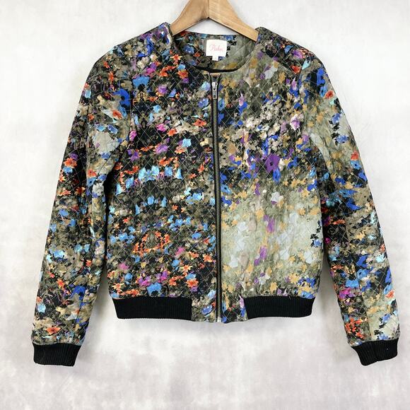 Parker Womens Silk Bomber Jacket Size S Floral Abstract Quilted Artsy Modern‎ - Picture 1 of 12